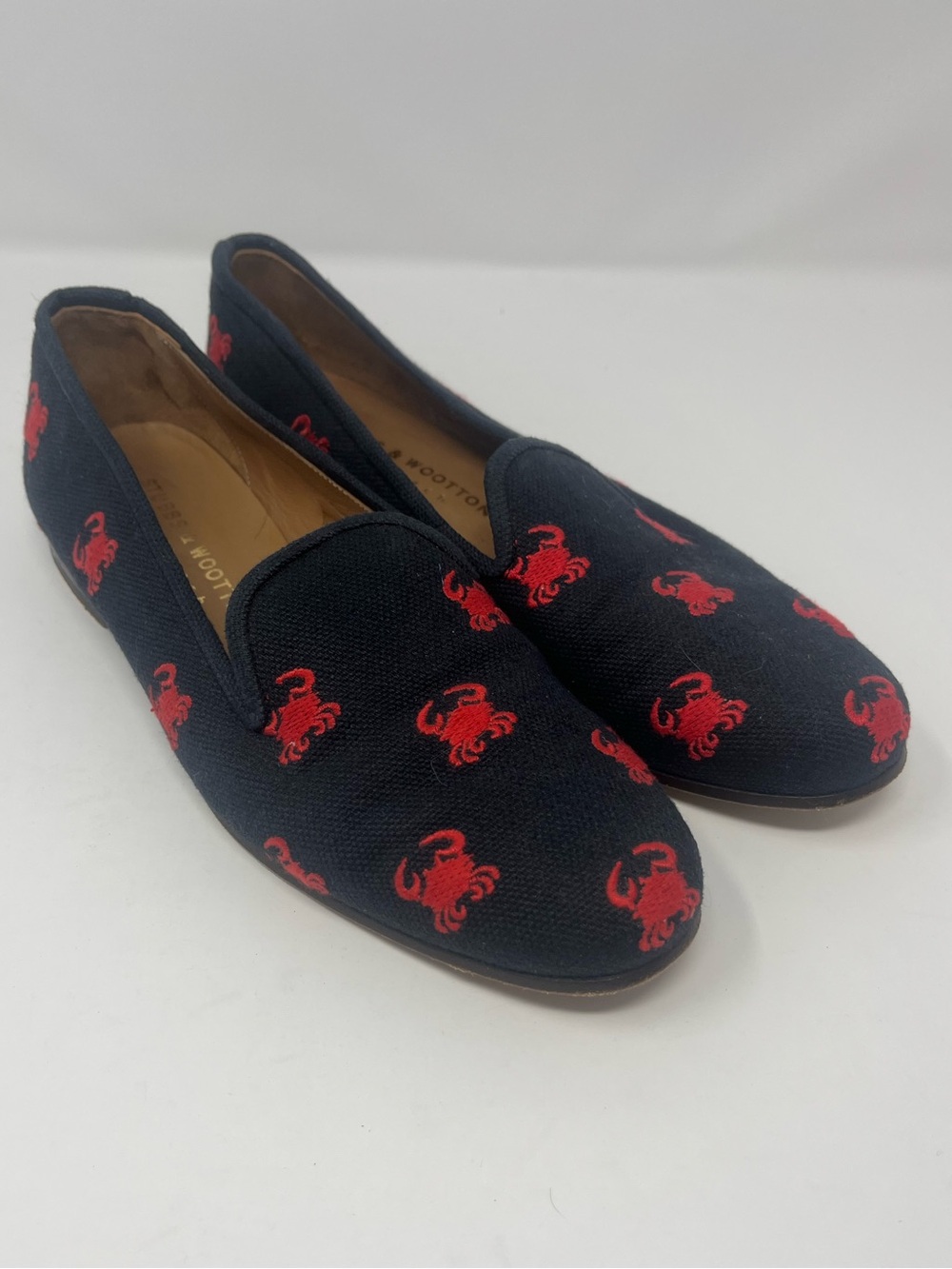 STUBBS & WOOTTON Loafers Shoes Navy Blue Crab Embroidered Size 10 Leather EUC